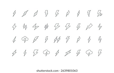 Speed light flash, storm zig zag from cloud thin black outline symbols vector illustration. Lightning bolts of various shape and style, electric energy and voltage, warning line icon set. - Powered by Shutterstock - Get 15% off with code: PIKWIZARD15