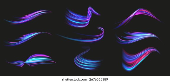 Líneas de luz de velocidad. Rápidas rayas de neón, dinámicas cintas de energía brillante, efecto de movimiento de velocidad futurista y coloridos senderos de ondas de movimiento. Conjunto de Vector de luz de flujo aislado.