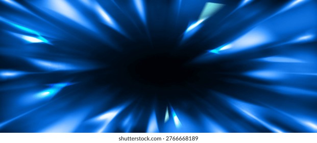 Speed light rays burst from dark center with radial motion blur effect. Dynamic zoom perspective with neon blue and green beams radiating outward. Explosive starburst energy trails on black bg.