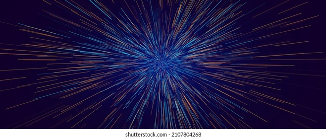 Speed of Light. Sci-Fi Abstract Background. Star Hyper Jump Teleport Through the Galaxy. Time Warp Light Effect. Blue and Orange Light Rays Vector Illustration.