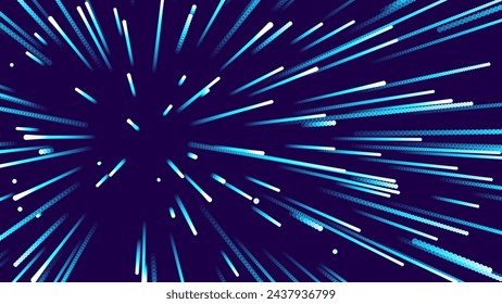 Speed of Light. Sci-Fi Abstract Background. Star Hyper Jump Teleport Through the Galaxy. Time Warp Light Effect. Blue and Orange Light Rays Vector Illustration.