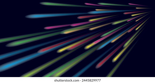 Lichtgeschwindigkeit im Raum auf dunklem Hintergrund. Abstrakter Hintergrund mit blauen, gelben und orangefarbenen Neonfarben. Vektorgrafik