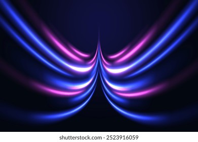 The speed of light in space on a dark background. Abstract background in blue and purple neon colors. Particle movement effect.