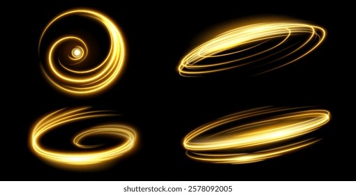 Speed light spirals and circular trails set - golden luminous swirls with glowing neon effect on dark background. Radiant oval paths with dynamic movement illusions for futuristic or festive design.