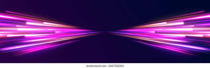 Speed light streaks vector background with blurred fast moving light effect, blue purple colors on black. Glowing street exposure. Blurred motion. Sparkling flow. Vector abstract dynamic dark.