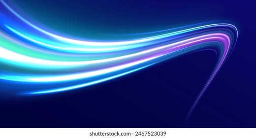 Speed light streaks vector background with blurred fast moving light effect, blue purple colors on black. Glowing street exposure. Blurred motion. Sparkling flow. Vector abstract dynamic dark.