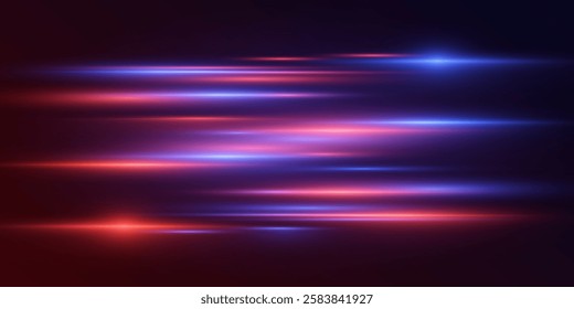 Speed ​​of light. Speed ​​motion technologies.Laser lines, horizontal light neon rays.EPS10 vector.