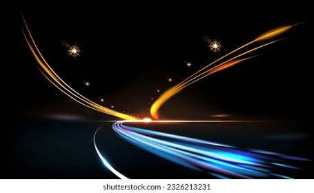 Speed lights. Abstract road background, electric car line, motion and movement, fast effect. red and blur lane blurred effect in night. Moving automobile, dynamic flashlights. Vector design concept