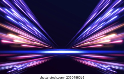 	
Speed lights motion background, cityscape and rail track in tokyo from speed train. Illustration of light ray, stripe line with blue light.	
