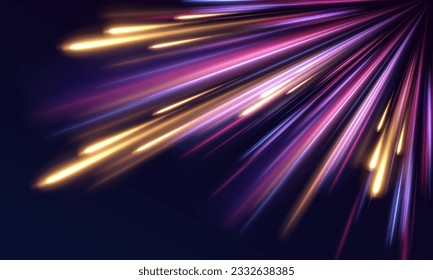 	
Speed lights motion background, cityscape and rail track in tokyo from speed train. Illustration of light ray, stripe line with blue light.	
