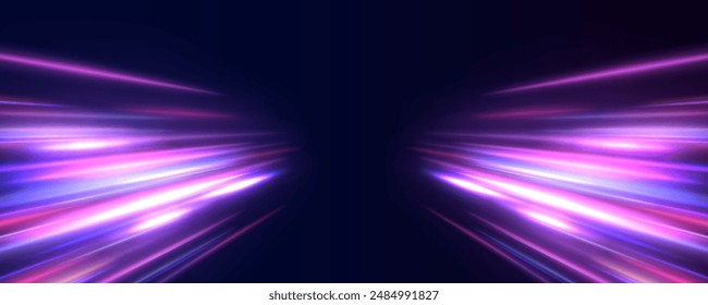 Speed lights motion background, cityscape and rail track in tokyo from speed train. Illustration of light ray, stripe line with blue light.