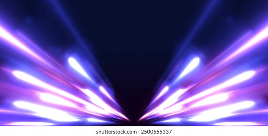 Speed lights motion background, cityscape and rail track in tokyo from speed train. Illustration of light ray, stripe line with blue light.	