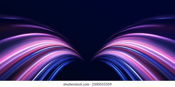 Speed lights motion background, cityscape and rail track in tokyo from speed train. Illustration of light ray, stripe line with blue light.	