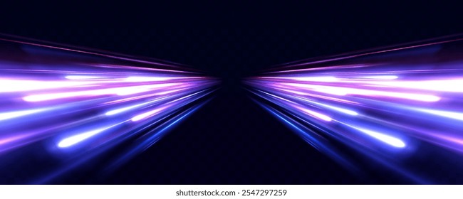 Speed lights motion background, cityscape and rail track in tokyo from speed train. Illustration of light ray, stripe line with blue light.	