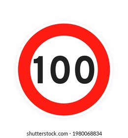 Speed limit 100 round road traffic icon sign flat style design vector illustration isolated on white background. Circle standard road sign with number 100 kmh.