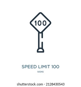 speed limit 100 thin line icon. car, maximum linear icons from signs concept isolated outline sign. Vector illustration symbol element for web design and apps.