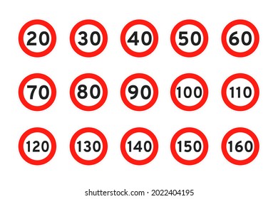 Límite de velocidad 120, 110, 20, 30, 40, 50, 60, 70, 80, 90, 100, icono de tráfico redondo símbolo de diseño de estilo plano ilustración vectorial aislada en fondo blanco. Círculo número de señal de carretera estándar kmh.