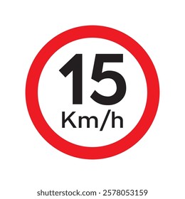 Speed limit 15 KM highway sign. Fifteen kilometers per hour traffic road symbol. Restriction sign for car drivers not to exceed the speed over 15 kilometers per hour. Vector illustration.