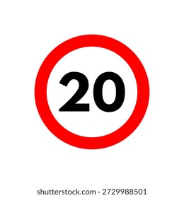 Icono de límite de velocidad 20. Señal de tráfico y símbolo. Círculo rojo veinte kilómetros por hora de restricción. Ilustración vectorial aislada sobre fondo blanco.