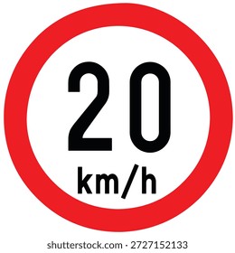 Speed limit 20 Km per hour highway sign. Speed limit 20 Km per hour traffic road sign. Restriction sign for car drivers not to exceed the speed over 20 kilometers per hour. Icon vector illustration.
