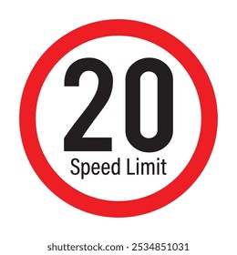 Speed limit 20km round road traffic icon sign flat style design vector illustration set isolated on white background. Circle standard road sign with number kmh in eps 10.