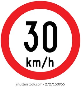 Speed limit 30 Km per hour highway sign. Speed limit 30 Km per hour traffic road sign. Restriction sign for car drivers not to exceed the speed over 30 kilometers per hour. Icon vector illustration.