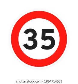 Speed limit 35 round road traffic icon sign flat style design vector illustration isolated on white background. Circle standard road sign with number 35 kmh.