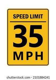 Speed limit 35MPH yellow road sign vector illustration isolated on white background