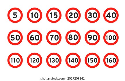 Speed limit 5, 10, 15, 20, 30, 40, 50, 60, 70, 80, 90, 100 round road traffic icon sign flat style design vector illustration set isolated on white background. Circle standard road sign number kmh.
