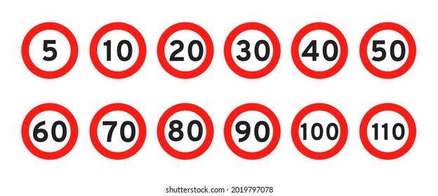 Límite de velocidad 5, 10, 15, 20, 30, 40, 50, 60, 70, 80, 90, 100 iconos de tráfico redondo de carretera señalizan el diseño de forma plana ilustración vectorial aislada en el fondo blanco. Círculo número de señal de carretera estándar kmh.