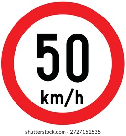Speed limit 50 Km per hour highway sign. Speed limit 50 Km per hour traffic road sign. Restriction sign for car drivers not to exceed the speed over 50 kilometers per hour. Icon vector illustration.