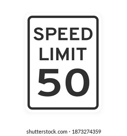 Speed limit 50 road traffic icon sign flat style design vector illustration isolated on white background. Vertical standard road sign with text and number 50.