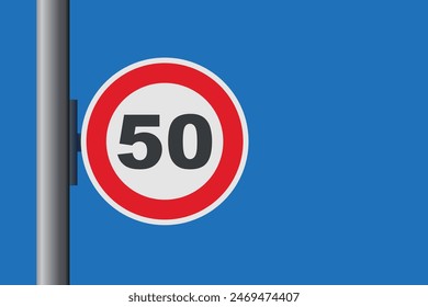 Speed limit 50 round sign board on pole. blue sky in background. road sign vector illustration.