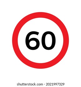 Límite de velocidad de 60 kmh signo del icono del vector de velocidad máxima del tráfico. Ilustración de diseño plano de la señal de límite de carretera rojas redondeada con 60 aislados en fondo blanco