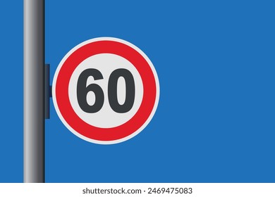 Speed limit 60 round sign board on pole. blue sky in background. road sign vector illustration.