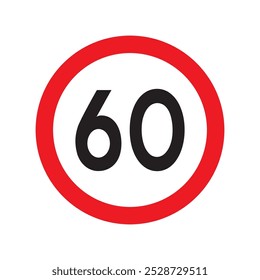 Límite de velocidad 60 señal de tráfico. Símbolo de restricción para los conductores de automóviles. Límite máximo de velocidad de carretera 60 kmh o mph aislado sobre fondo blanco. Ilustración vectorial.