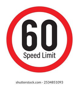 Speed limit 60km round road traffic icon sign flat style design vector illustration set isolated on white background. Circle standard road sign with number kmh in eps 10.