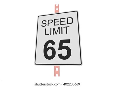 "Speed limit 65" - 3d illustration of roadsign isolated on white background