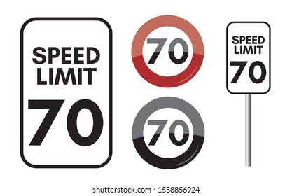 Speed limit 70 mph set icon. Transit board sign. Vector illustration.