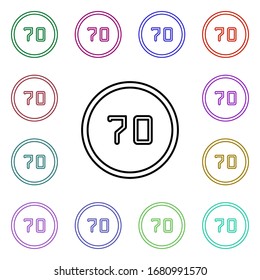 Límite de velocidad 70 icono de estilo multicolor. Línea delgada simple, contorno vectorial de iconos de señalización de carretera para ui y ux, sitio web o aplicación móvil