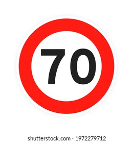 Speed limit 70 round road traffic icon sign flat style design vector illustration isolated on white background. Circle standard road sign with number 70 kmh.