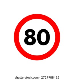 Ícone de limite de velocidade 80. Sinal de trânsito e símbolo. Restrição de oitenta quilômetros por hora. Ilustração vetorial isolada no fundo branco.