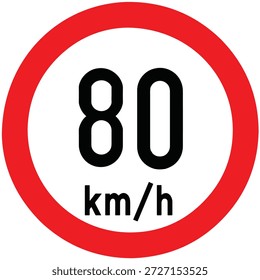 Speed limit 80 Km per hour highway sign. Speed limit 80 Km per hour traffic road sign. Restriction sign for car drivers not to exceed the speed over 80 kilometers per hour. Icon vector illustration.