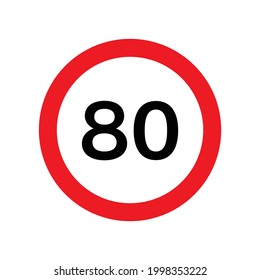 Speed limit 80 kmh sign of road traffic maximum speed vector icon. Flat design illustration of round red road limit sign with 80 isolated on white background