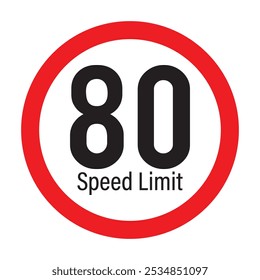 Speed limit 80km round road traffic icon sign flat style design vector illustration set isolated on white background. Circle standard road sign with number kmh in eps 10.