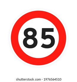 Speed limit 85 round road traffic icon sign flat style design vector illustration isolated on white background. Circle standard road sign with number 85 kmh.