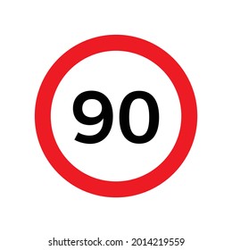 Speed limit 90 kmh sign of road traffic maximum speed vector icon. Flat design illustration of round red road limit sign with 90 isolated on white background