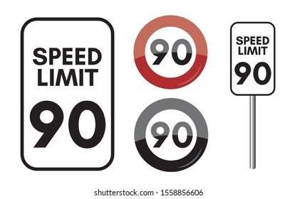 Speed Limit 90 Mph Set Icon. Transit Board Sign. Vector Illustration.