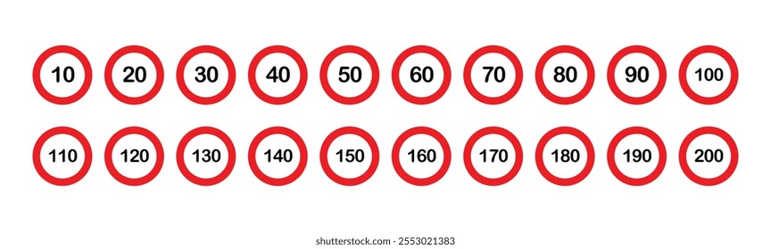 Speed limit icon set for 10, 20, 30, 40, 50, 60, 70, 80, 90, 100, 110, 120, 130, 140, 150, 160, 170, 180, 190 and 200 kilometer per hour vector isolated on white background.