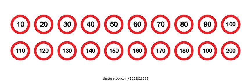 Speed limit icon set displaying multiple road limit numbers from 10 to 200. Perfect for traffic signs, driving rules, navigation apps, road safety graphics, and transportation UI elements.